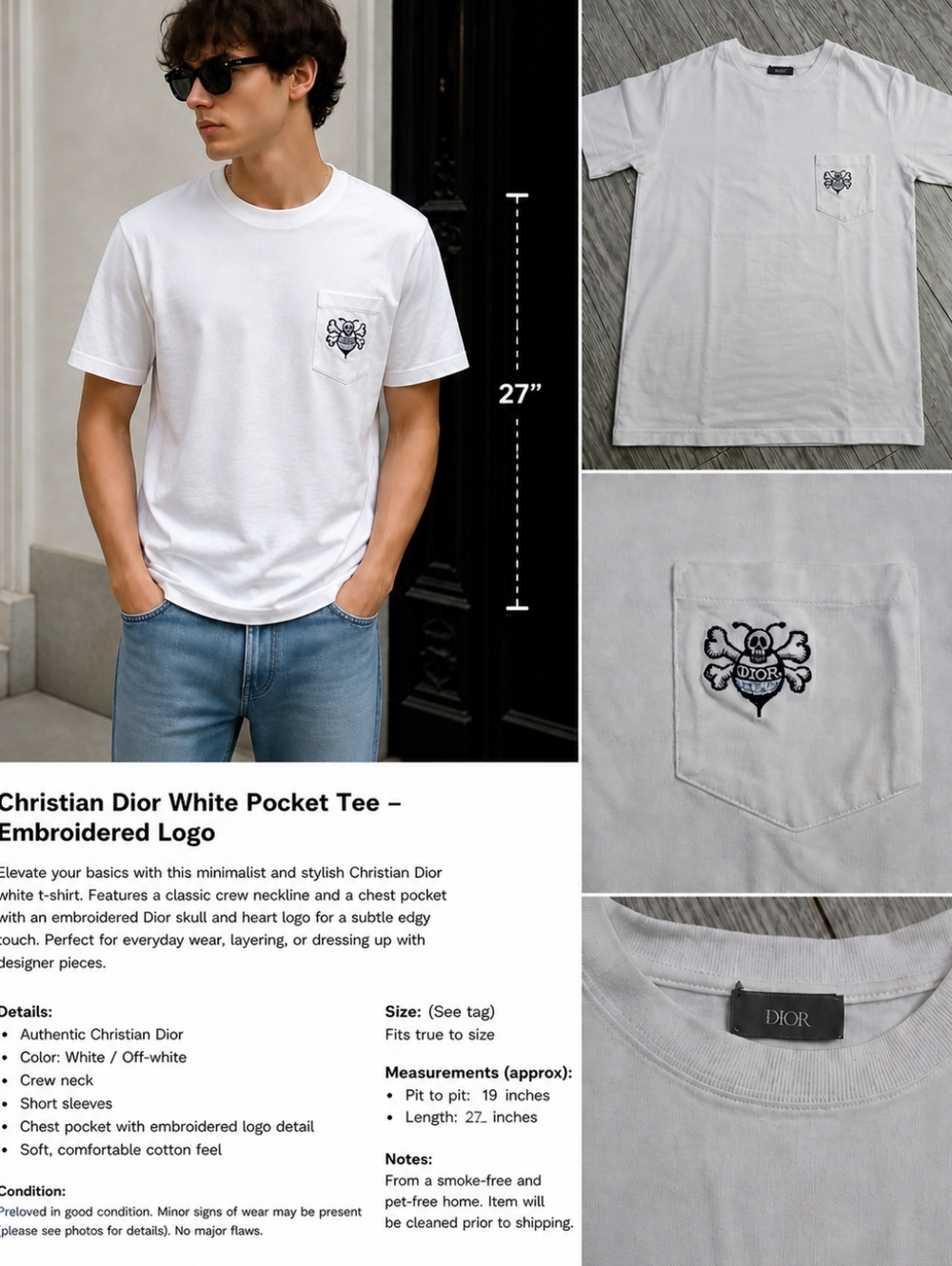 Christian Dior White Pocket Tee – Embroidered Logo | Size (S)